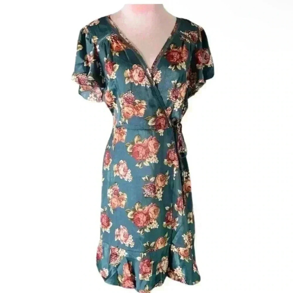 B.O.G. Faux Wrap Floral Dress in Blue/Rose Size Small NWOT Fairy grunge boho - Picture 3 of 15